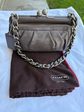 Coach Metallic Taupe Leather Parker Chain-Handle Kiss-Lock Bag